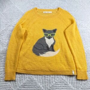 Woolrich Fox Graphic Sweater Women's Small Yellow Mohair Wool Blend Nerdy Quirky